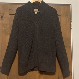 LL Bean Organic Cotton Zip Up Sweater Mens M Pockets Waffle knit Preppy Grey